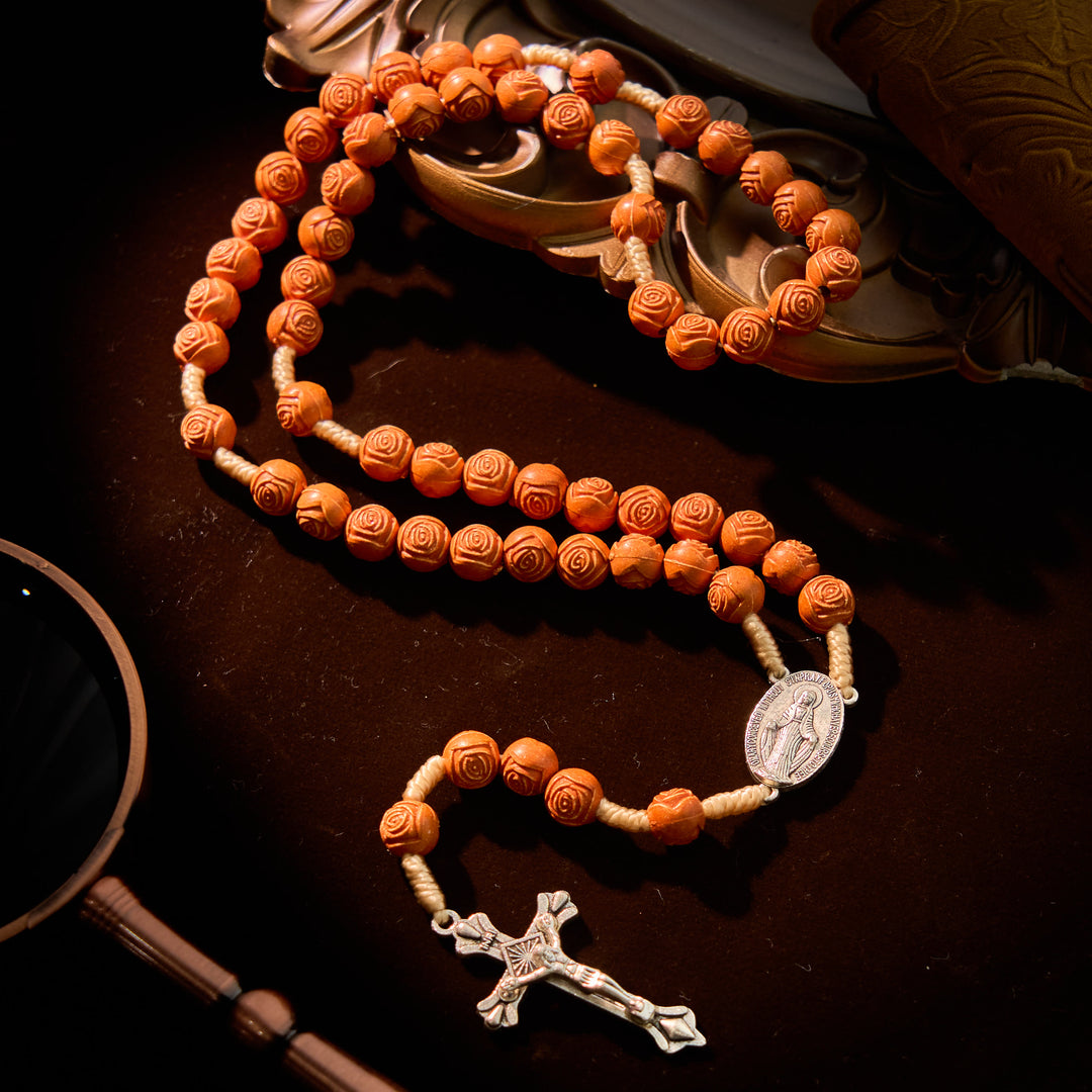 Christianartworkshop Carved Amber Floral Rose Beads Rosary with Miraculous Medal: Bloom of Devotion - Our Lady & Crucifix - image 0