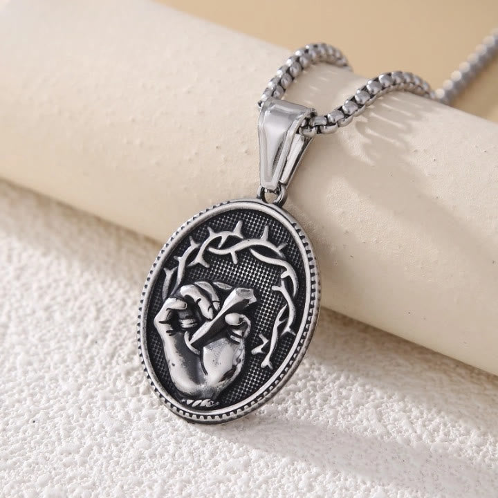 Christianartworkshop Classic Three-Tone Engraved Oval Pendant with Jesus Holy Hand & Thorn Crown
