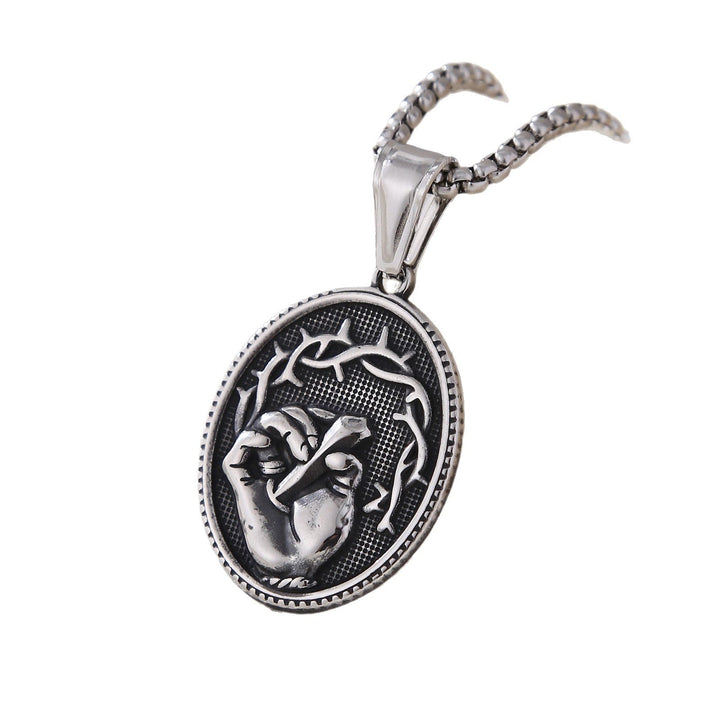 Christianartworkshop Classic Three-Tone Engraved Oval Pendant with Jesus Holy Hand & Thorn Crown