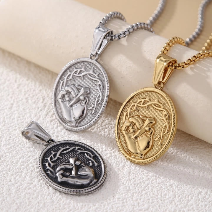 Christianartworkshop Classic Three-Tone Engraved Oval Pendant with Jesus Holy Hand & Thorn Crown