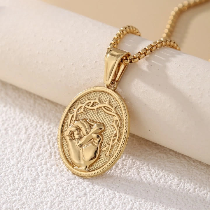 Christianartworkshop Classic Three-Tone Engraved Oval Pendant with Jesus Holy Hand & Thorn Crown