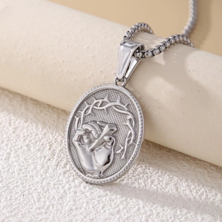Christianartworkshop Classic Three-Tone Engraved Oval Pendant with Jesus Holy Hand & Thorn Crown