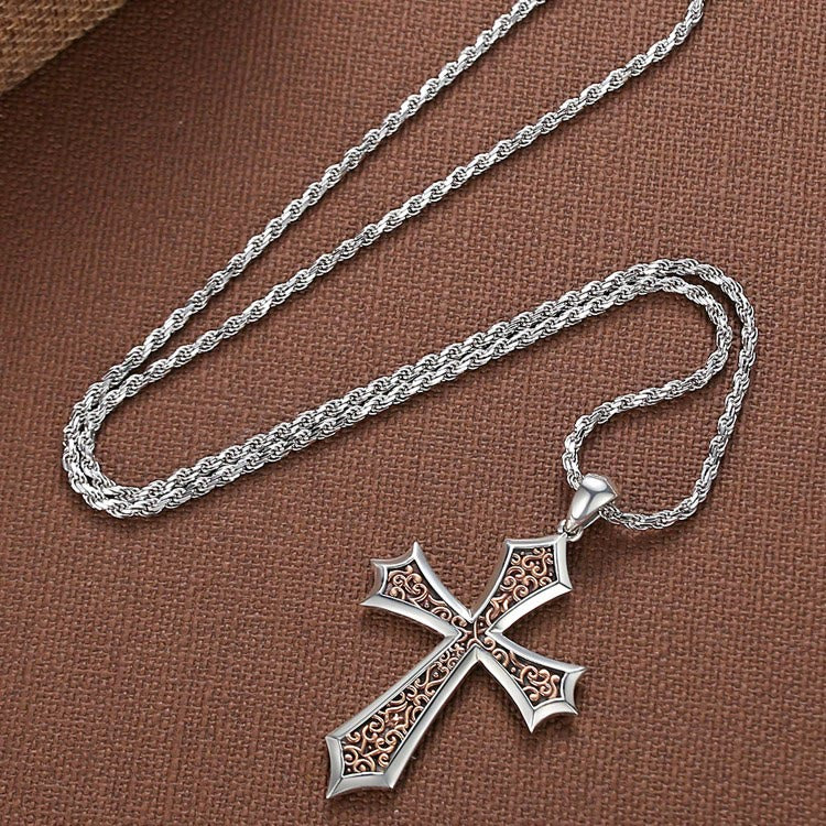 Christianartworkshop S925 Sharp Edge Cross Necklace with Vintage Amber Baroque Scroll Accents - image 1