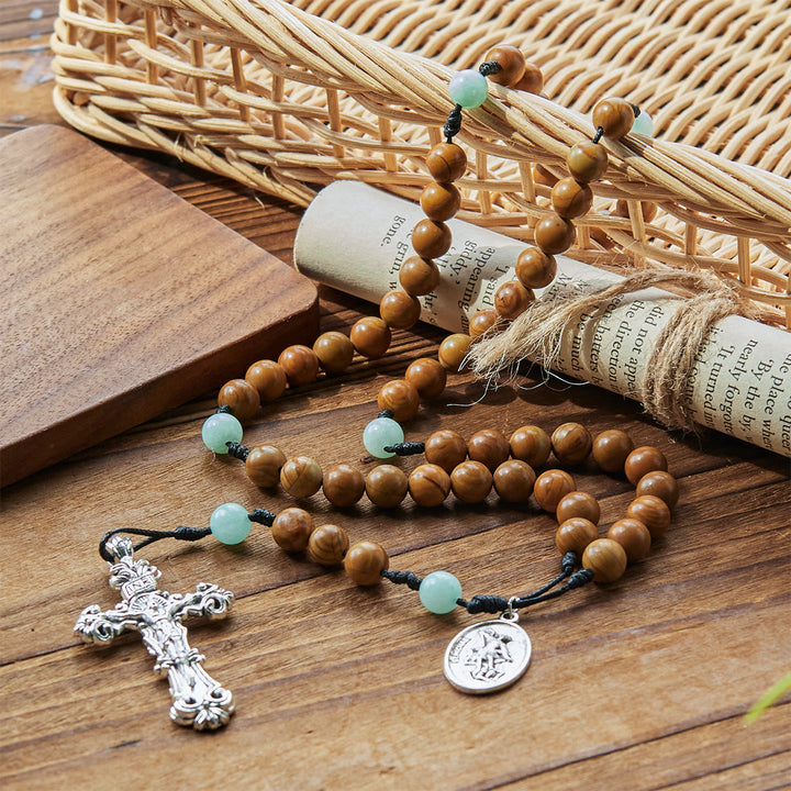 Christianartworkshop Minimalist Mint and Brown Beads Rosary with St. Michael Medal & INRI Cross