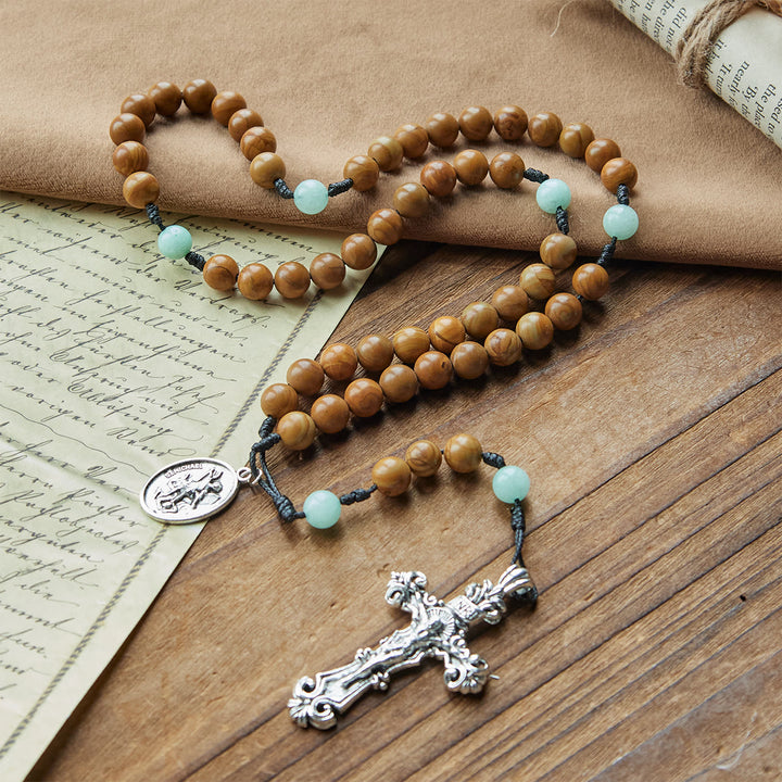 Christianartworkshop Minimalist Mint and Brown Beads Rosary with St. Michael Medal & INRI Cross