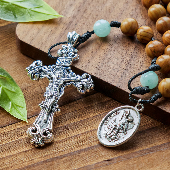 Christianartworkshop Minimalist Mint and Brown Beads Rosary with St. Michael Medal & INRI Cross