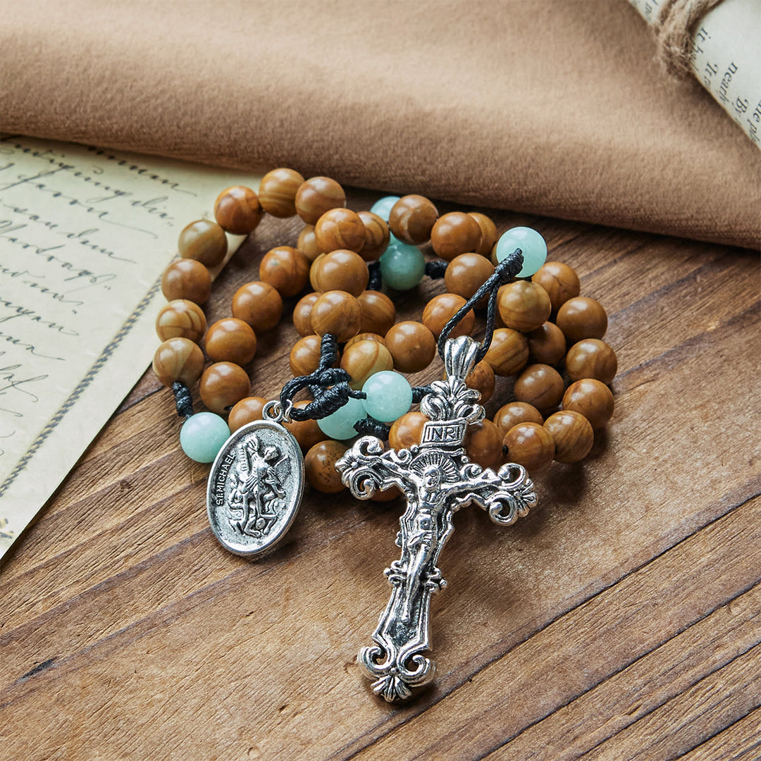 Christianartworkshop Minimalist Mint and Brown Beads Rosary with St. Michael Medal & INRI Cross