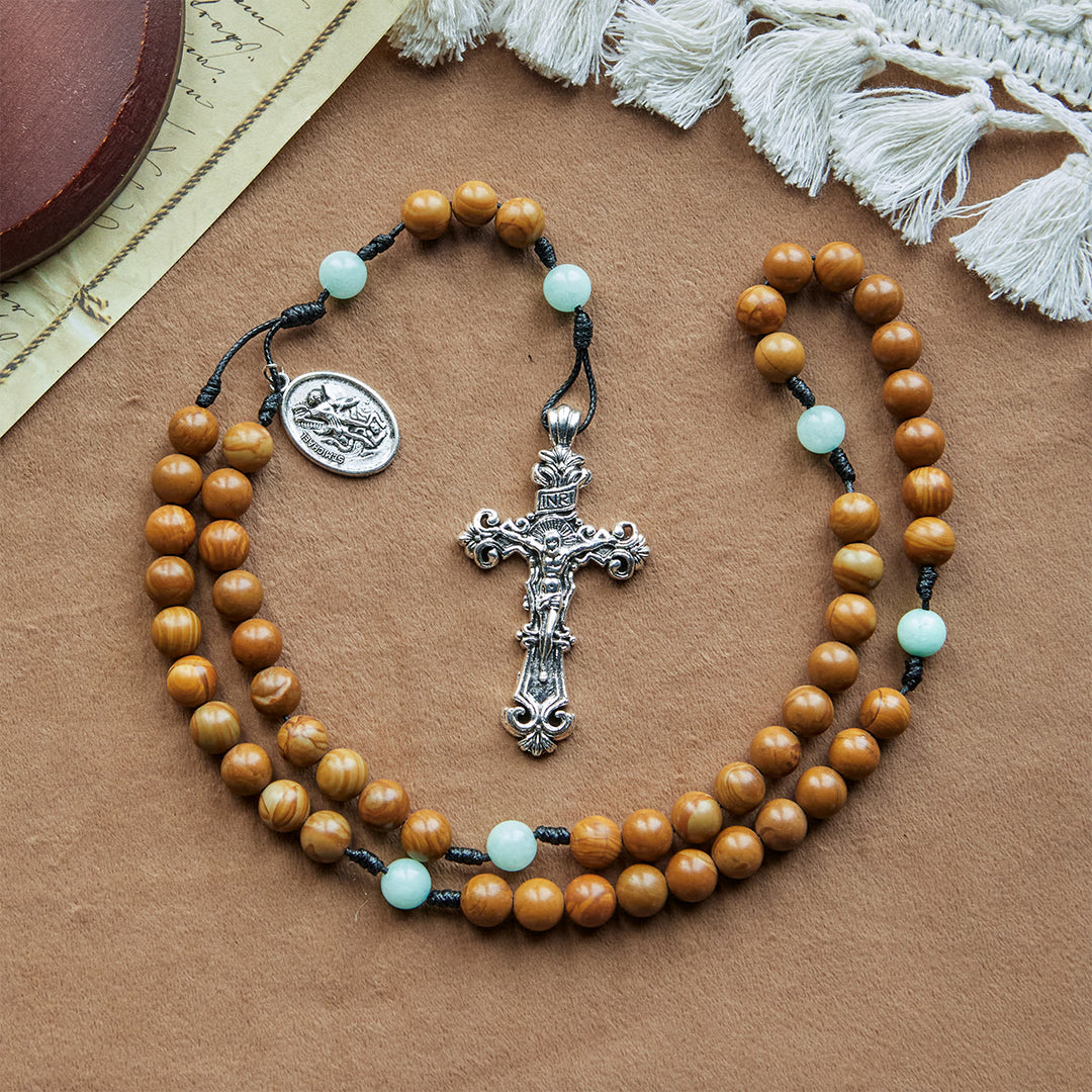 Christianartworkshop Minimalist Mint and Brown Beads Rosary with St. Michael Medal & INRI Cross