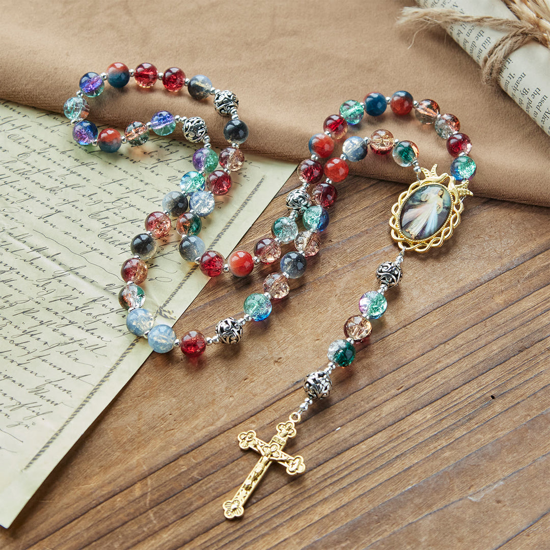 Christianartworkshop Gradient Multicolor Glass Bead & Brass Crucifix Rosary with Divine Mercy Medal - Divine Mercy & Crucifix - image 0