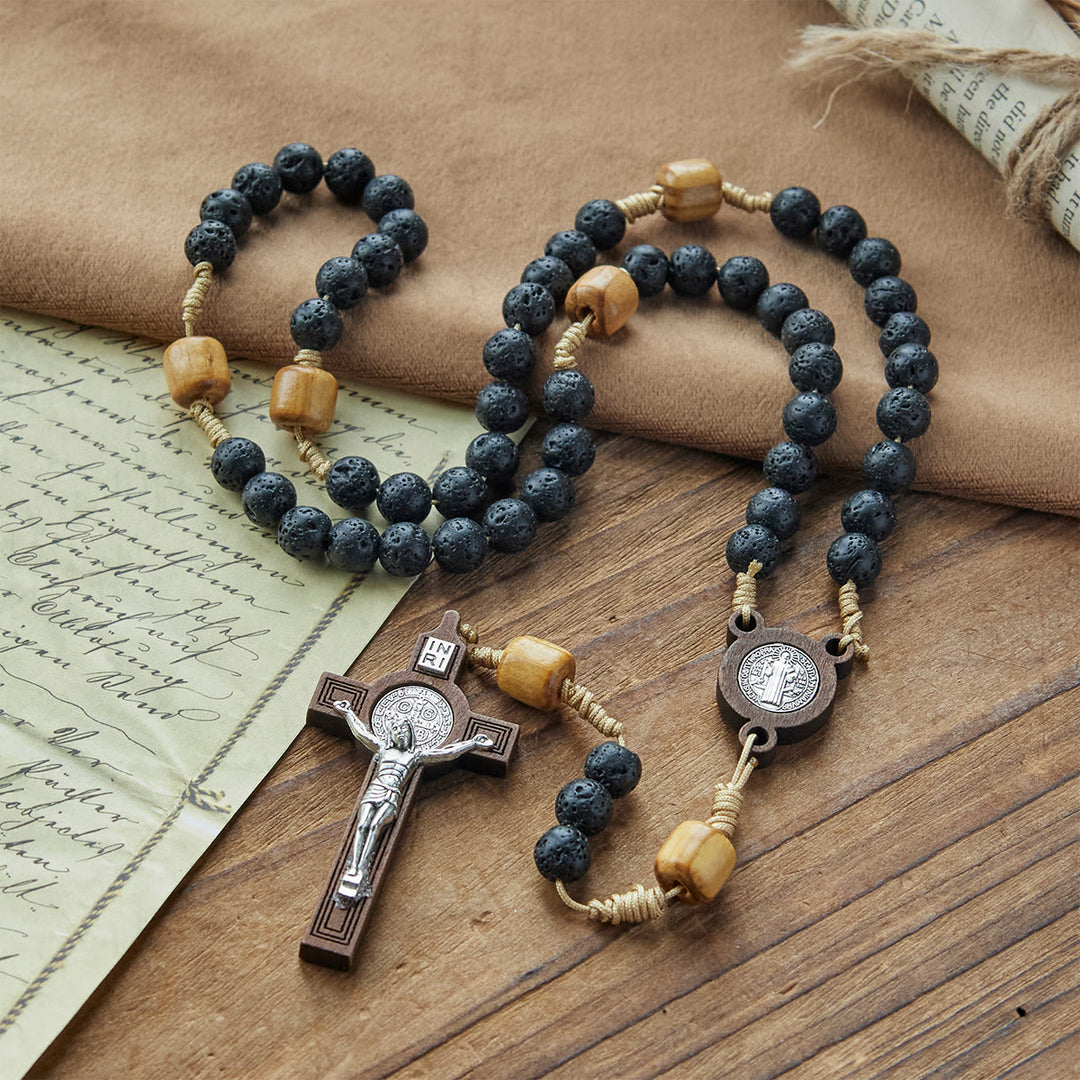 Christianartworkshop Natural Durable Volcanic Stone Rosary with St. Benedict Medal & Crucifix - St. Benedict & Crucifix - image 0