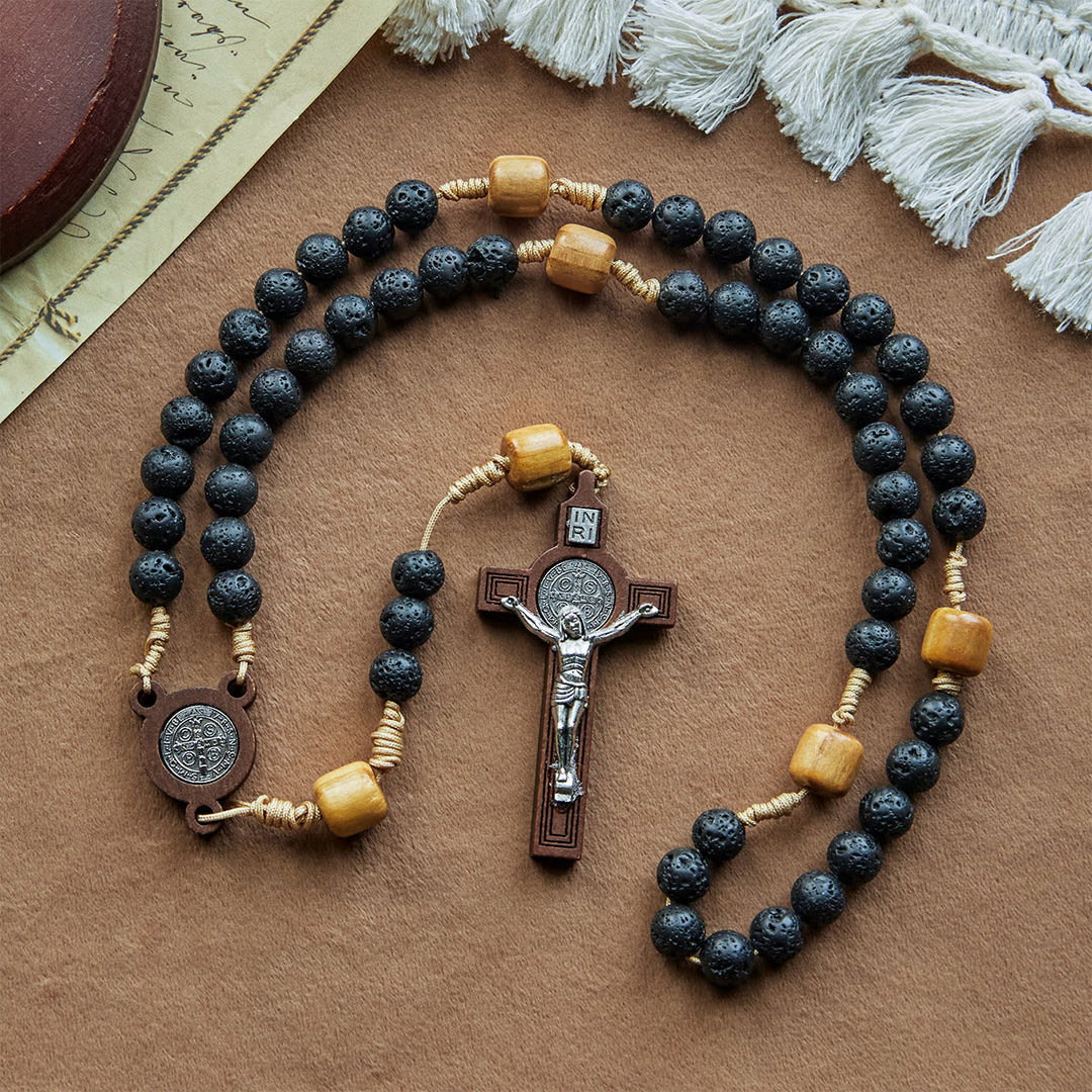 Christianartworkshop Natural Durable Volcanic Stone Rosary with St. Benedict Medal & Crucifix - image 1