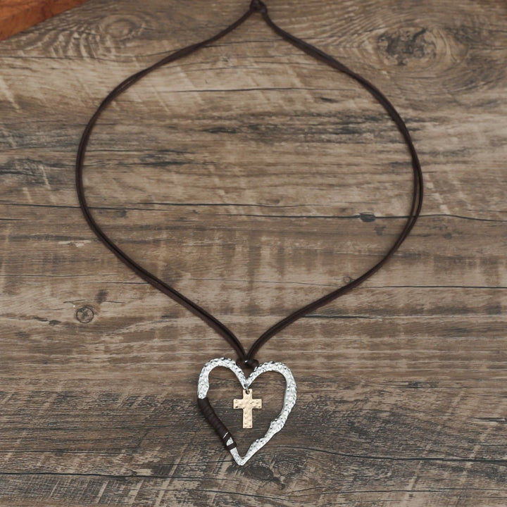 Christianartworkshop Bohemian Textured Heart Frame Necklace with Cross Charm and Leather Cord