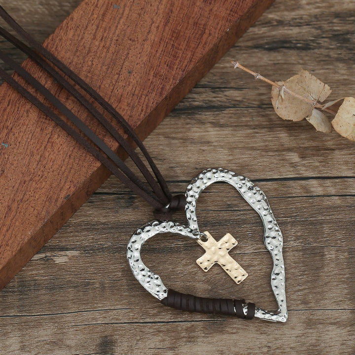 Christianartworkshop Bohemian Textured Heart Frame Necklace with Cross Charm and Leather Cord