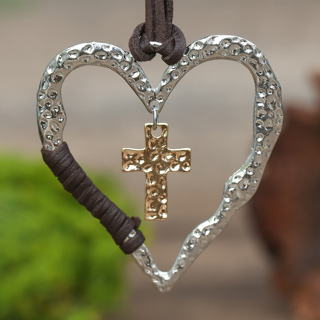 Christianartworkshop Bohemian Textured Heart Frame Necklace with Cross Charm and Leather Cord