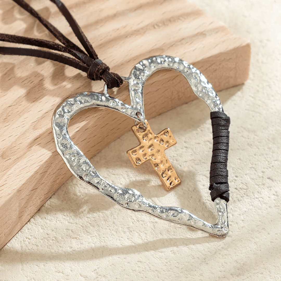 Christianartworkshop Bohemian Textured Heart Frame Necklace with Cross Charm and Leather Cord