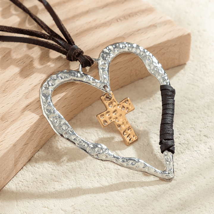 Christianartworkshop Bohemian Textured Heart Frame Necklace with Cross Charm and Leather Cord