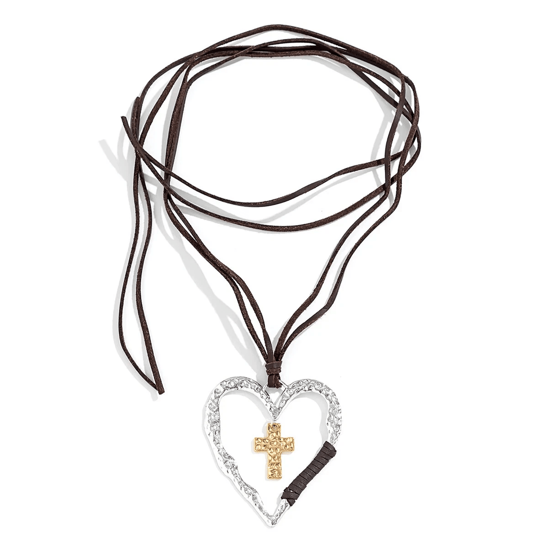 Christianartworkshop Bohemian Textured Heart Frame Necklace with Cross Charm and Leather Cord