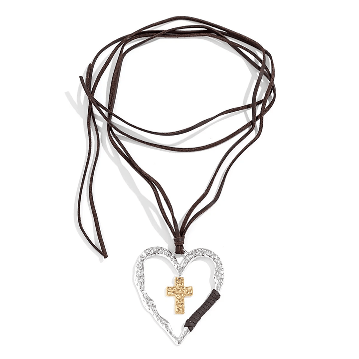 Christianartworkshop Bohemian Textured Heart Frame Necklace with Cross Charm and Leather Cord