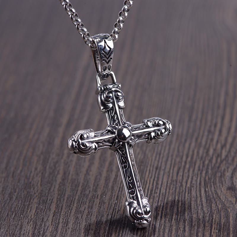 Christianartworkshop Thick Solid Sterling Silver Ornate Sword Cross Necklace with Gothic Scrolls - image 1