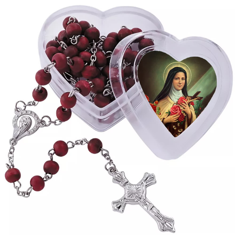 Christianartworkshop Wine Red Beads Rosary with Our Lady & Crucifix in St. Therese Heart-Shaped Box - image 4