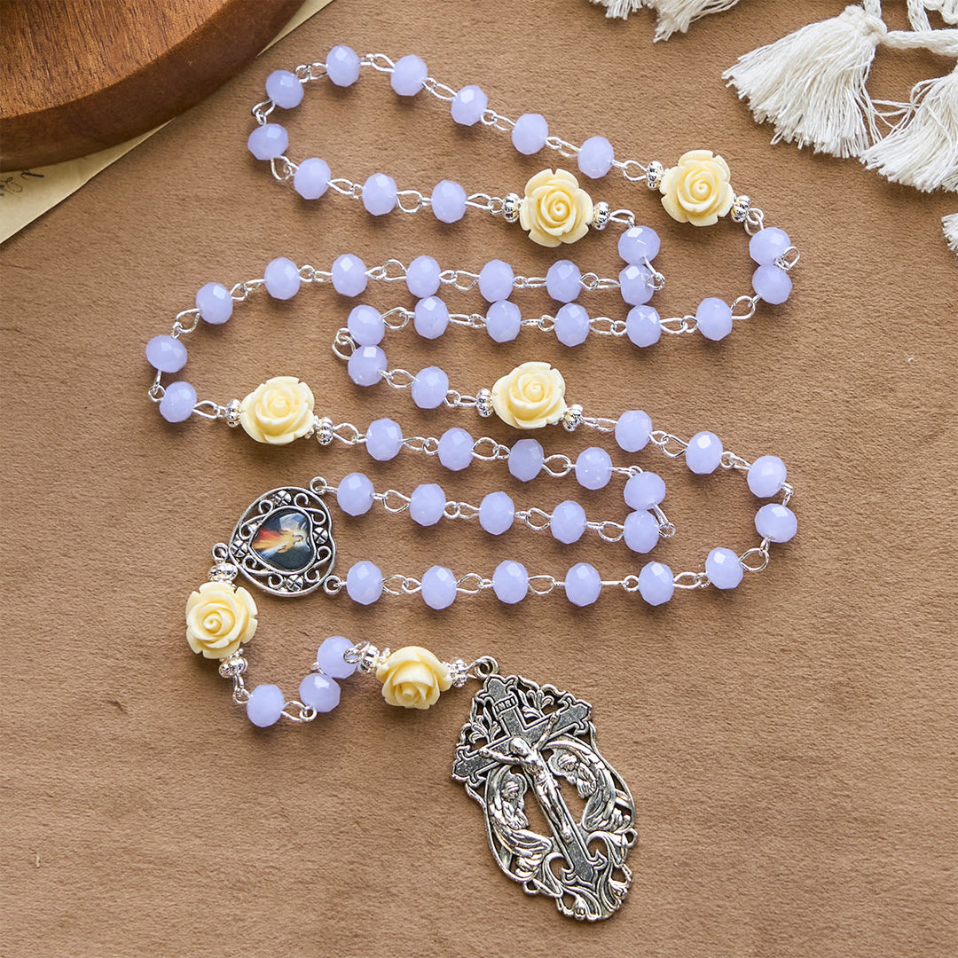 Christianartworkshop Elegant Rose Beads Rosary with Heart Shape Divine Mercy & Crucifix with Adoring Angels - Divine Mercy & Crucifix - image 1