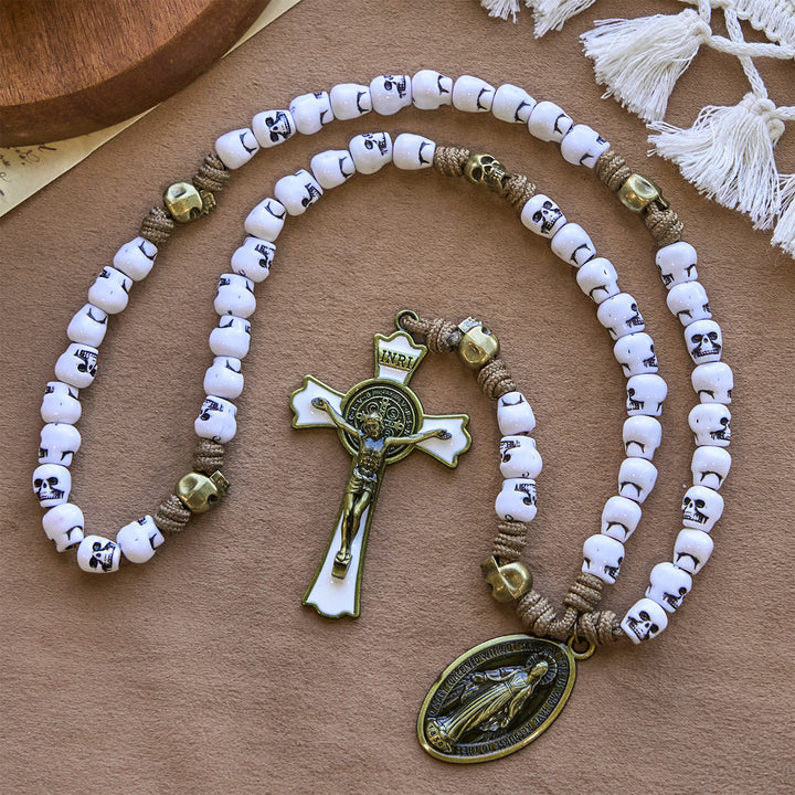Christianartworkshop Rebel Style White Skull Beads with Miraculous Medal & INRI Crucifix Rosary - image 1