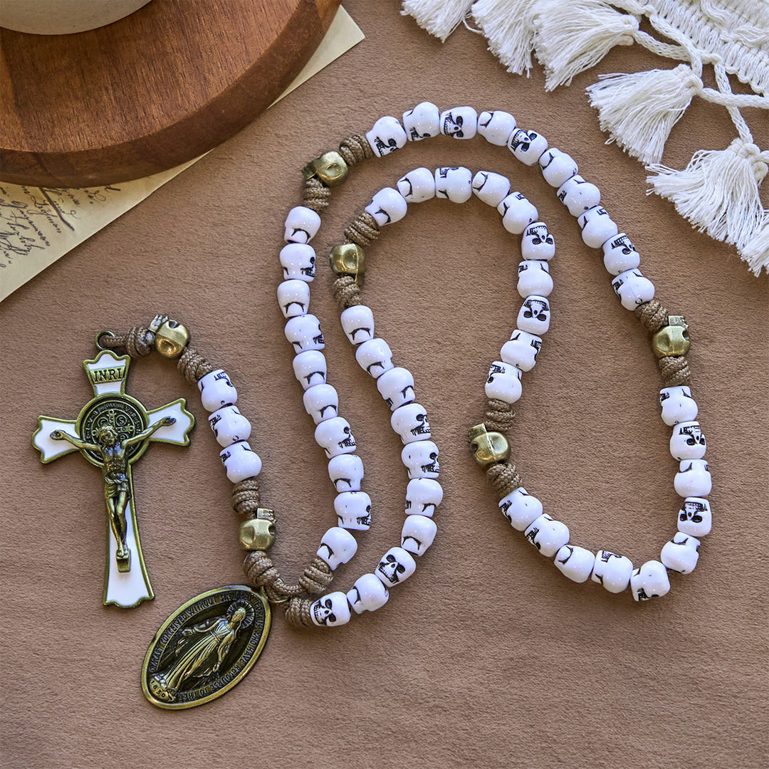 Christianartworkshop Rebel Style White Skull Beads with Miraculous Medal & INRI Crucifix Rosary - Miraculous Medal & Crucifix - image 0