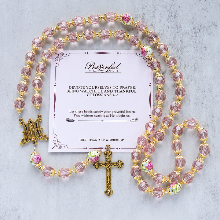 Christianartworkshop Jesus Is The Gift: Pink Crystal Beads Crucifix & Virgin Mary Rosary with Gift Card - PRAYERFUL FAITH - image 2