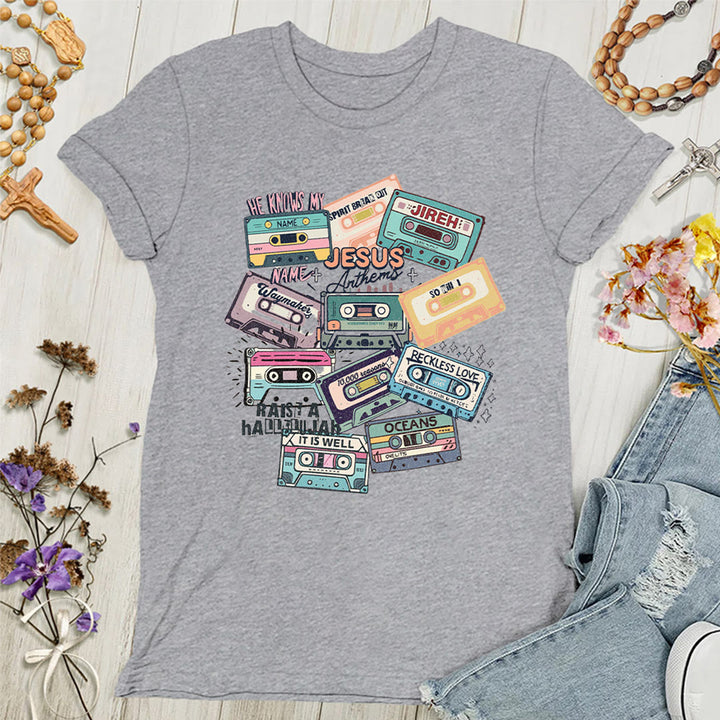 Christianartworkshop Jesus Anthems with Colorful Cassettes Soft Christian Women's T-shirt - Grey - 4XL - image 3