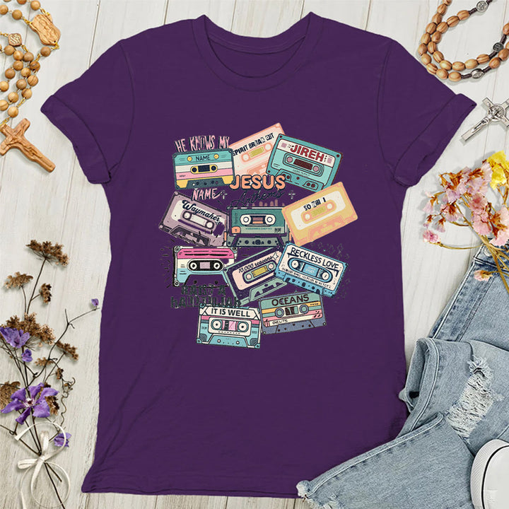 Christianartworkshop Jesus Anthems with Colorful Cassettes Soft Christian Women's T-shirt - Purple - 4XL - image 5