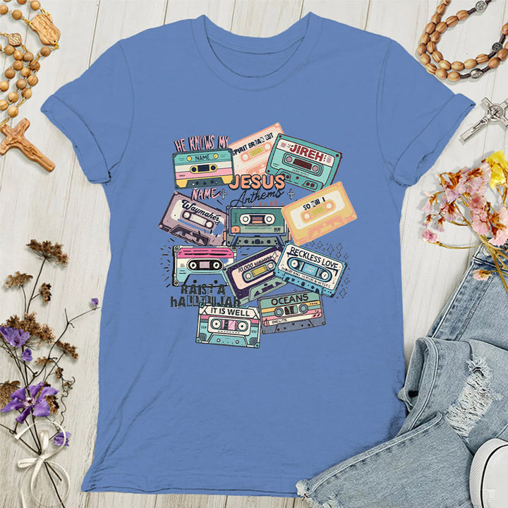 Christianartworkshop Jesus Anthems with Colorful Cassettes Soft Christian Women's T-shirt - Blue - 4XL - image 7