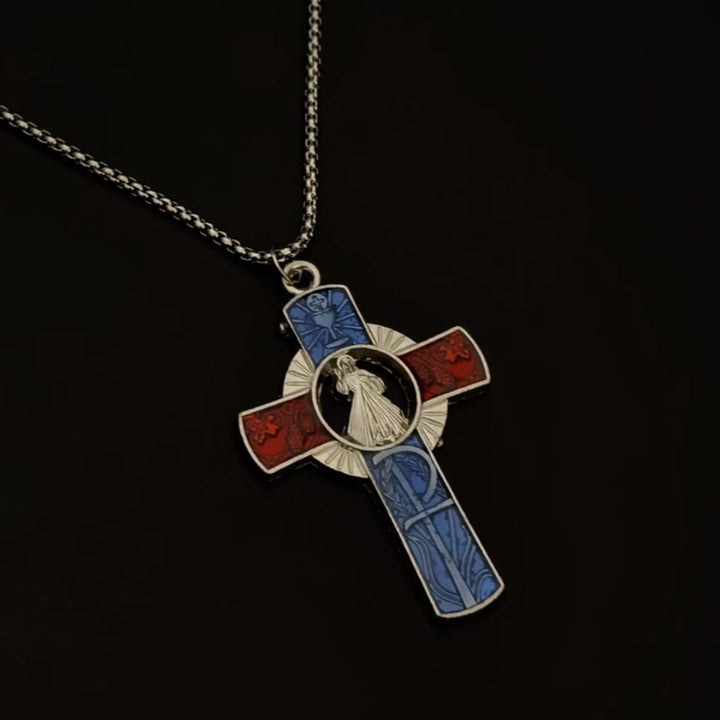 Christianartworkshop Classic Divine Mercy Portrait in Vivid Red and Blue Cross Necklace