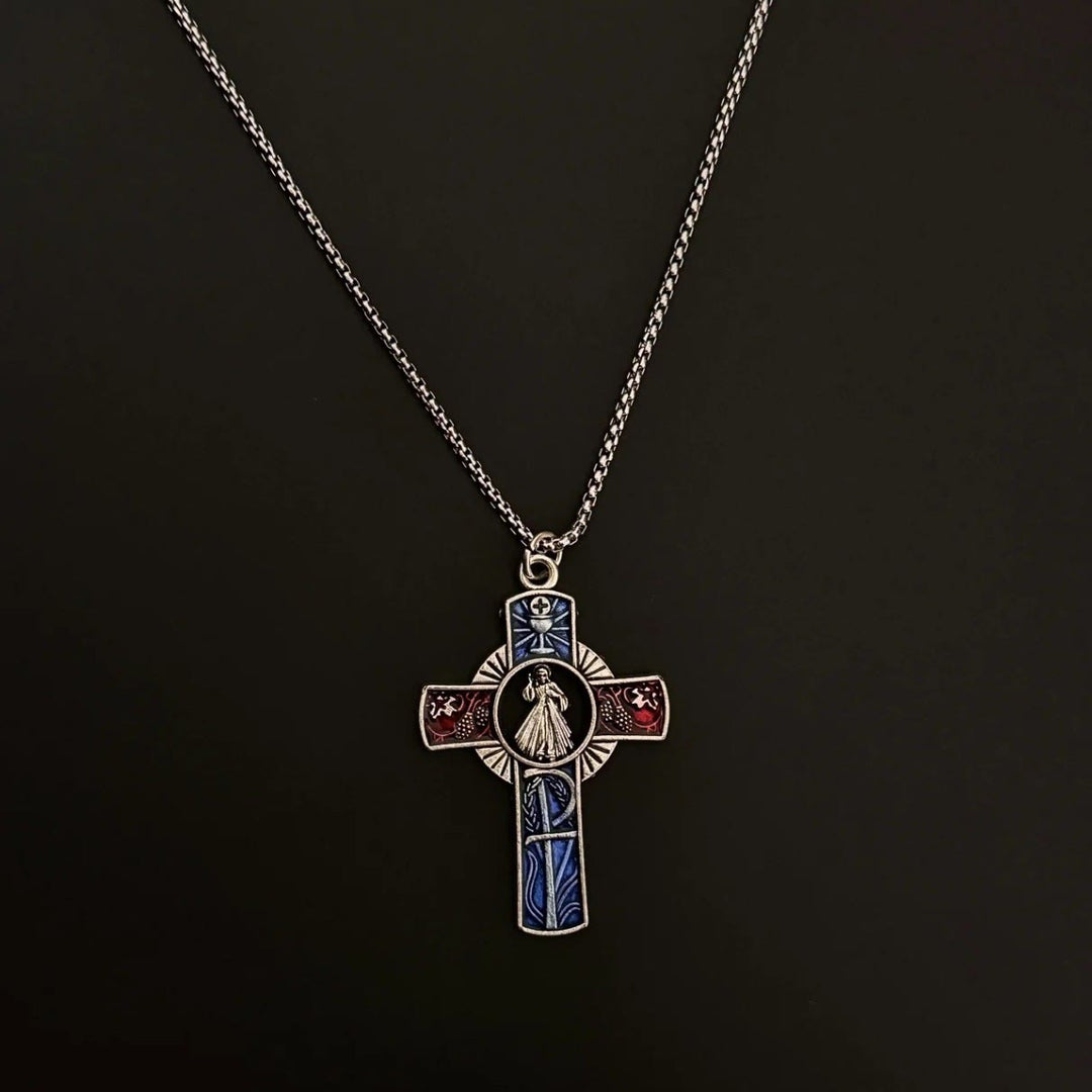 Christianartworkshop Classic Divine Mercy Portrait in Vivid Red and Blue Cross Necklace