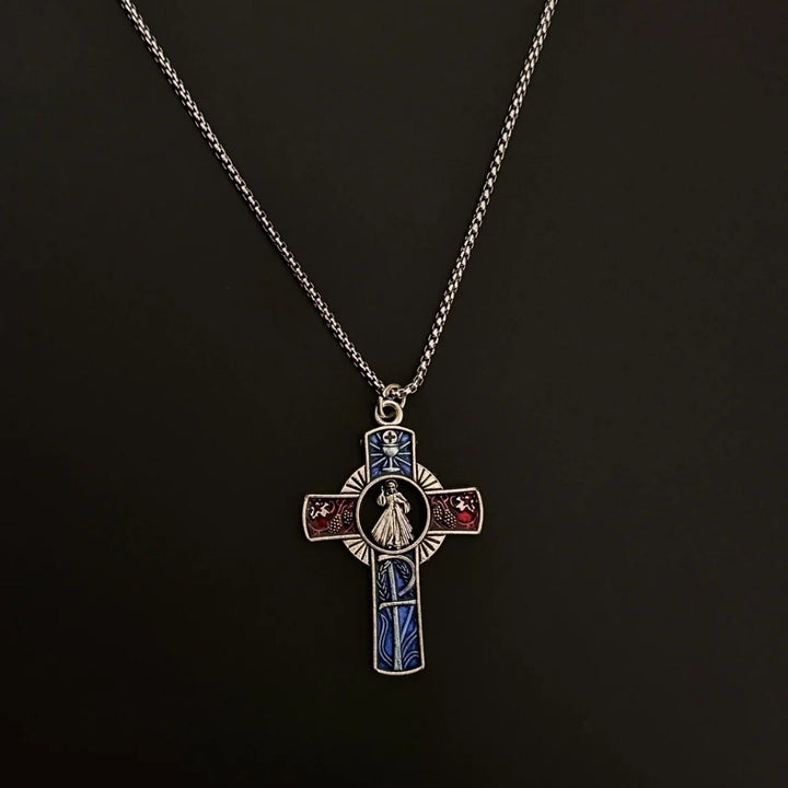 Christianartworkshop Classic Divine Mercy Portrait in Vivid Red and Blue Cross Necklace