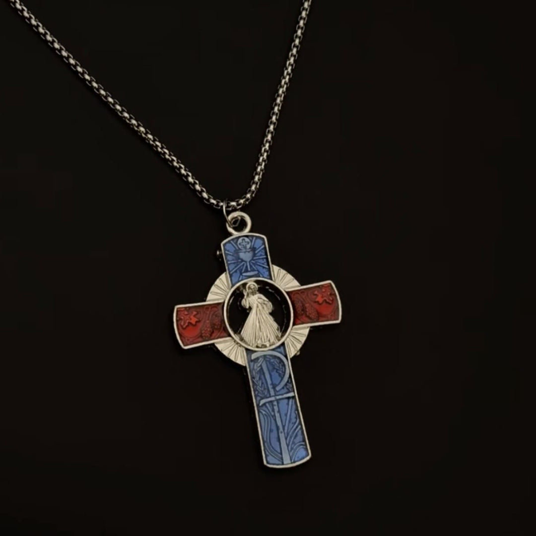 Christianartworkshop Classic Divine Mercy Portrait in Vivid Red and Blue Cross Necklace