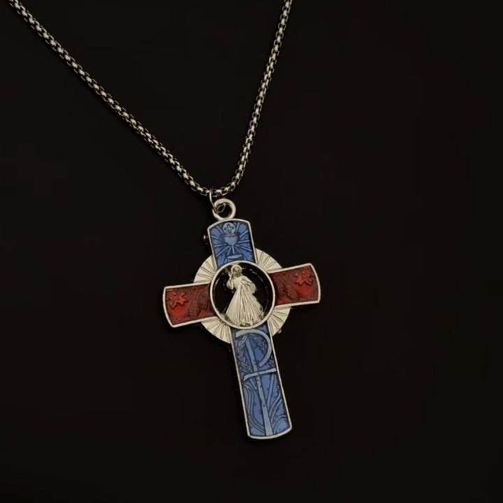 Christianartworkshop Classic Divine Mercy Portrait in Vivid Red and Blue Cross Necklace