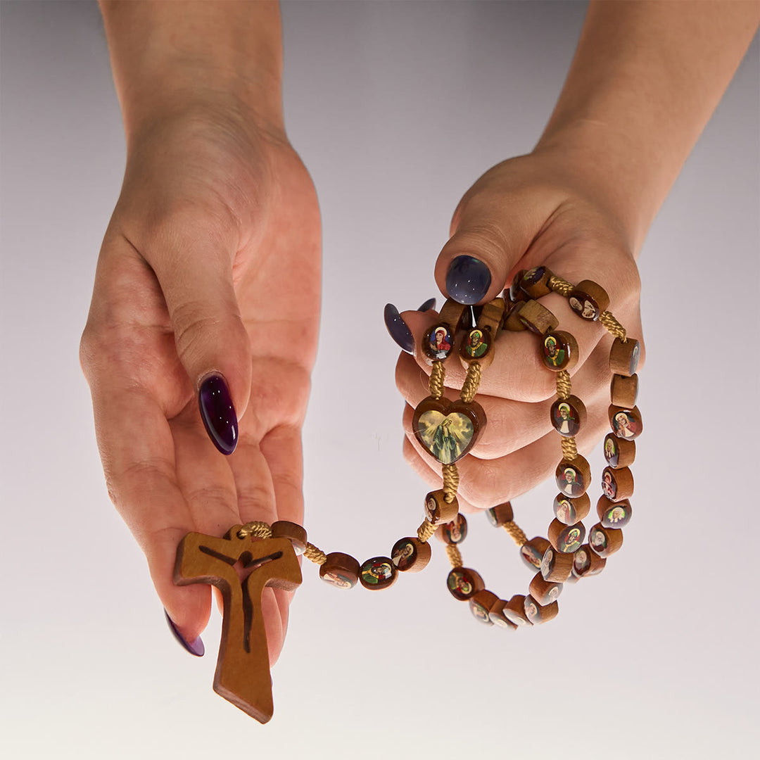 Christianartworkshop Wooden Saint Medal Beads with Franciscan Tau Cross Rosary: A Timeless Heirloom