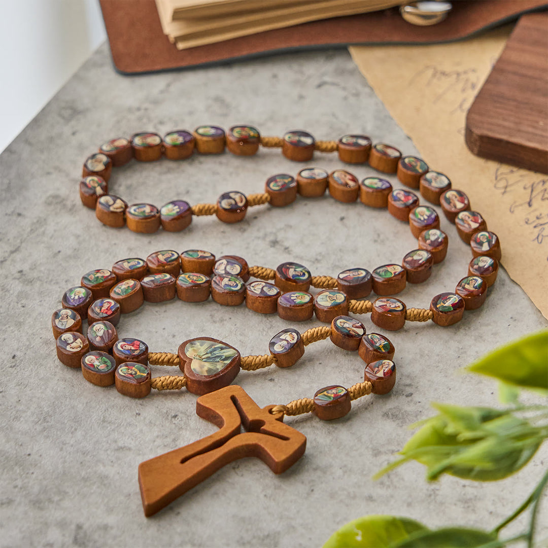Christianartworkshop Wooden Saint Medal Beads with Franciscan Tau Cross Rosary: A Timeless Heirloom