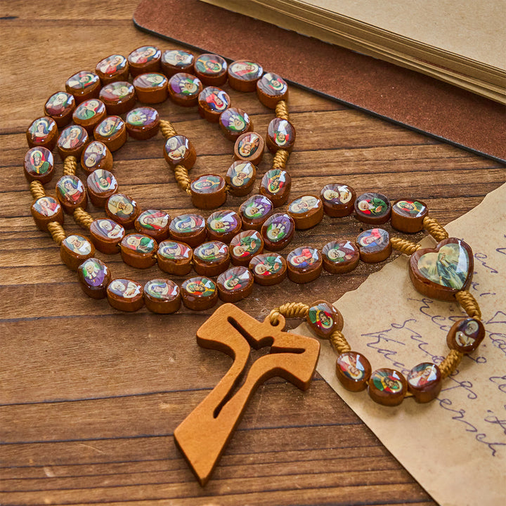 Christianartworkshop Wooden Saint Medal Beads with Franciscan Tau Cross Rosary: A Timeless Heirloom