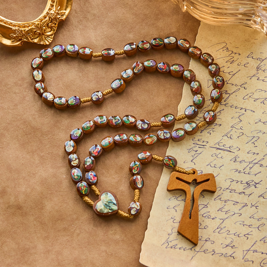 Christianartworkshop Wooden Saint Medal Beads with Franciscan Tau Cross Rosary: A Timeless Heirloom