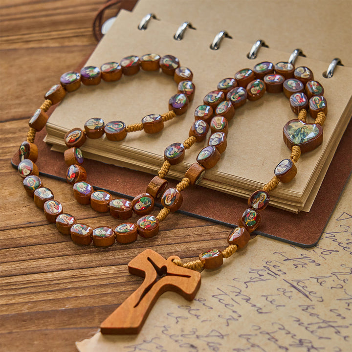 Christianartworkshop Wooden Saint Medal Beads with Franciscan Tau Cross Rosary: A Timeless Heirloom