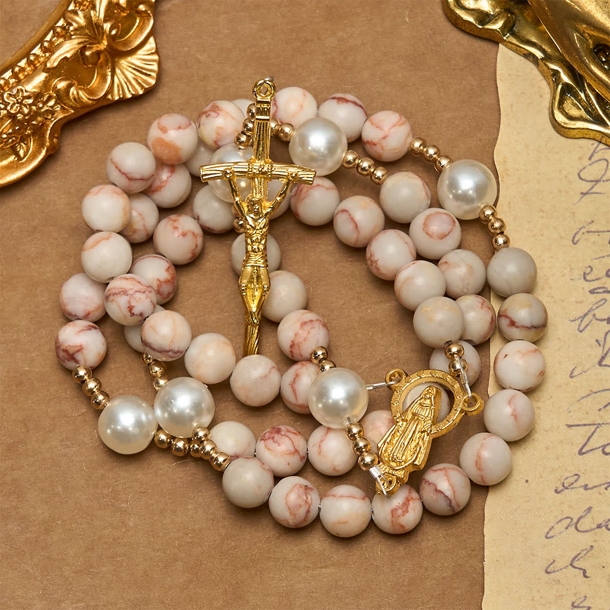 Christianartworkshop Matte Pink Zebra Jasper and Pearl Rosary with