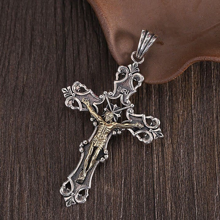 Christianartworkshop Rustic Bronze and Silver Crucifix Necklace in S925: A Testament of Faith - Bronze - image 0