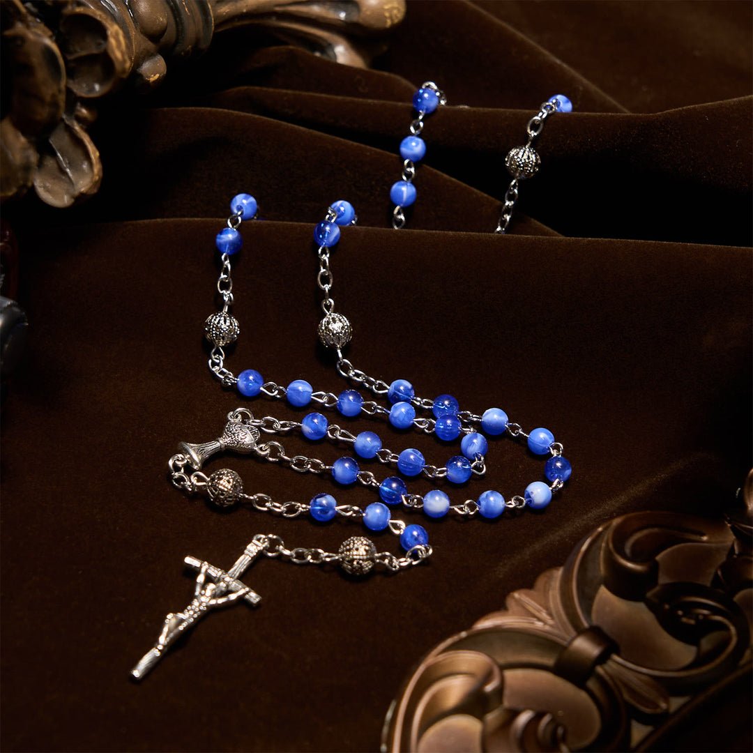 Christianartworkshop Elegant 6mm Gradient Blue Round Beads with Holy Grail and Crucifix Rosary - image 2