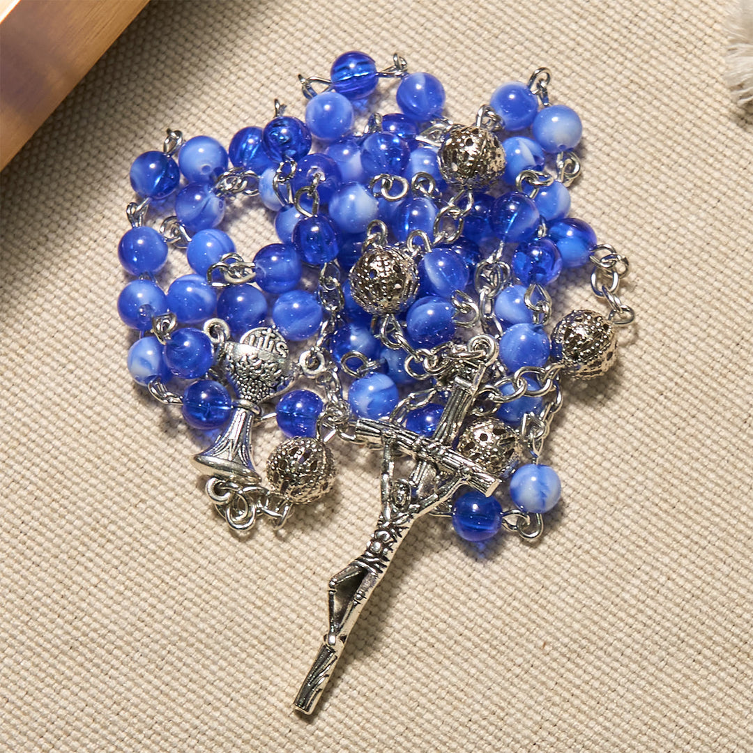 Christianartworkshop Elegant 6mm Gradient Blue Round Beads with Holy Grail and Crucifix Rosary - image 7