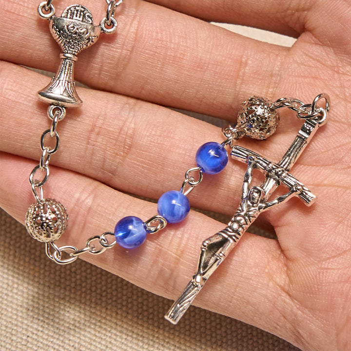 Christianartworkshop Elegant 6mm Gradient Blue Round Beads with Holy Grail and Crucifix Rosary - image 5
