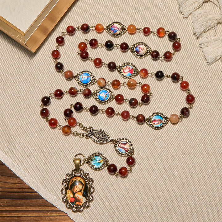 Christianartworkshop Madonna Medal & Saint Symbols of Dreamy Brown Agate Beads Rosary - image 3
