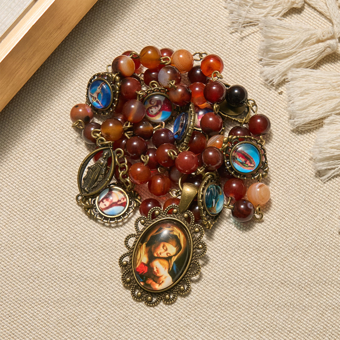 Christianartworkshop Madonna Medal & Saint Symbols of Dreamy Brown Agate Beads Rosary - image 7