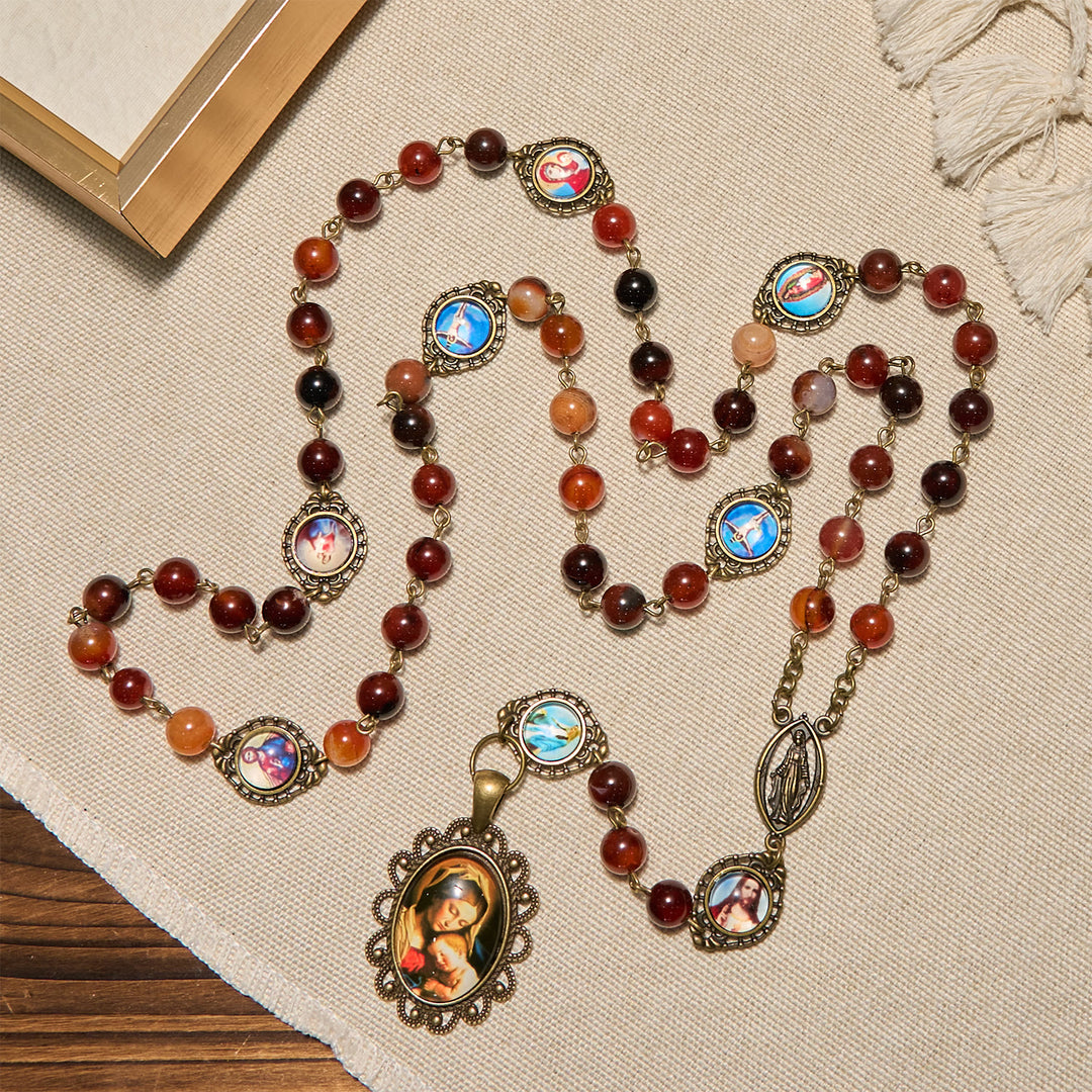 Christianartworkshop Madonna Medal & Saint Symbols of Dreamy Brown Agate Beads Rosary - image 4