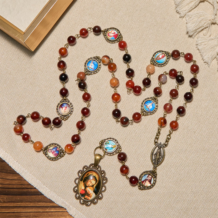 Christianartworkshop Madonna Medal & Saint Symbols of Dreamy Brown Agate Beads Rosary - image 4